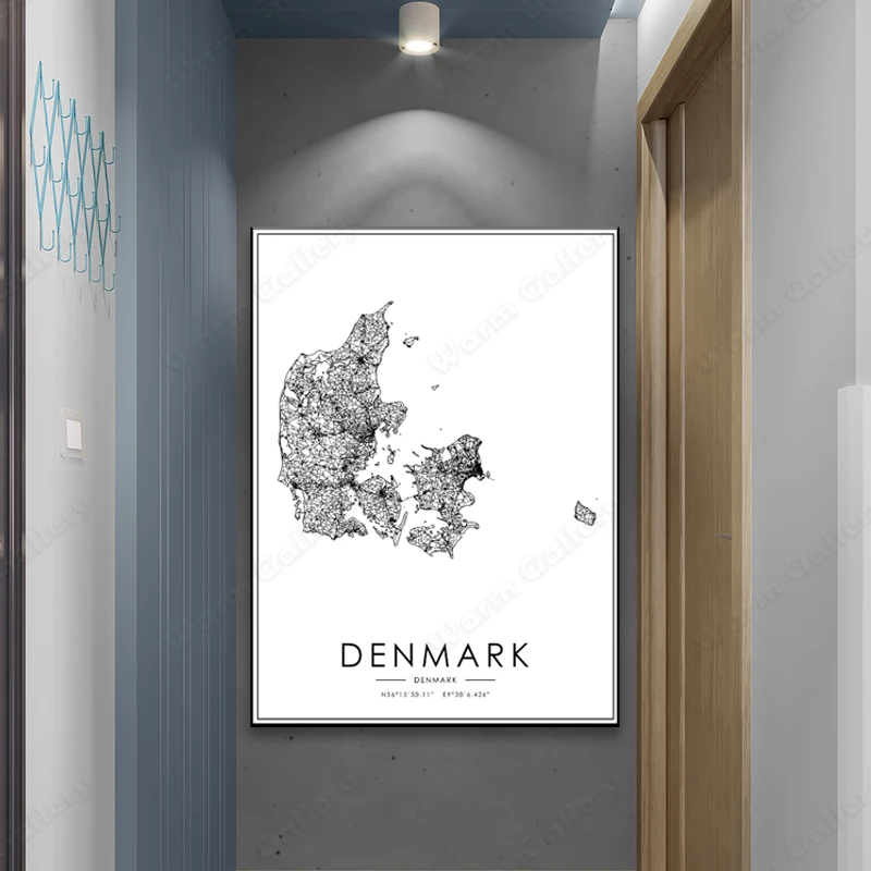 Черно-белая карта города Дания Дании плакат HD печать настенное искусство холст
