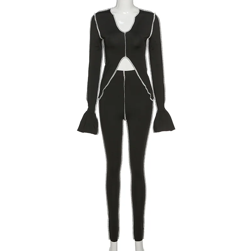 

92S1738217 Spring and autumn versatile Street women's fashion line trumpet sleeve fitness suit two piece set