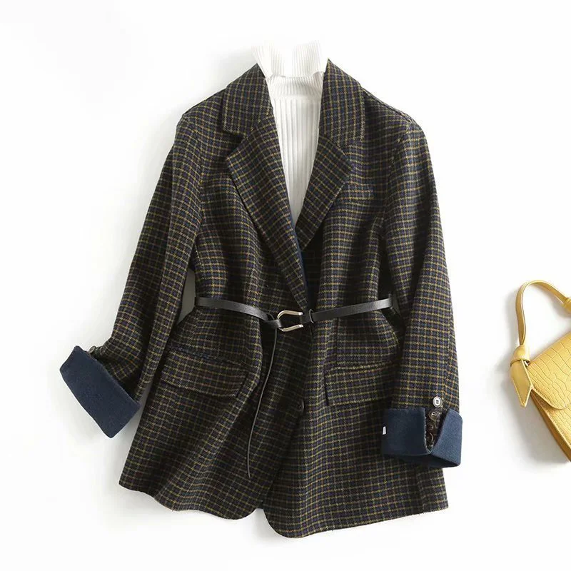 

Suit Jacket Women 2021 Autumn and Winter New Fashion Plaid with Belt Long Sleeve Suit Collar Loose Woolen Jacket Office Lady