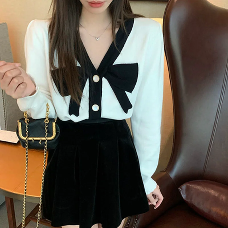 Женский однобортный Кардиган Harajpoo трикотажный контрастный свитер с V-образным