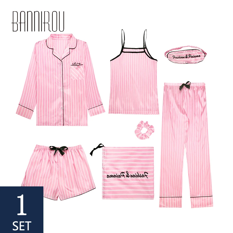 

BANNIROU 7 Pieces Pyjamas Sets For Women Spring Pajamas Emulation Silk Pijama Female Sleepwear Pajama Woman Pijama Pajamas Set