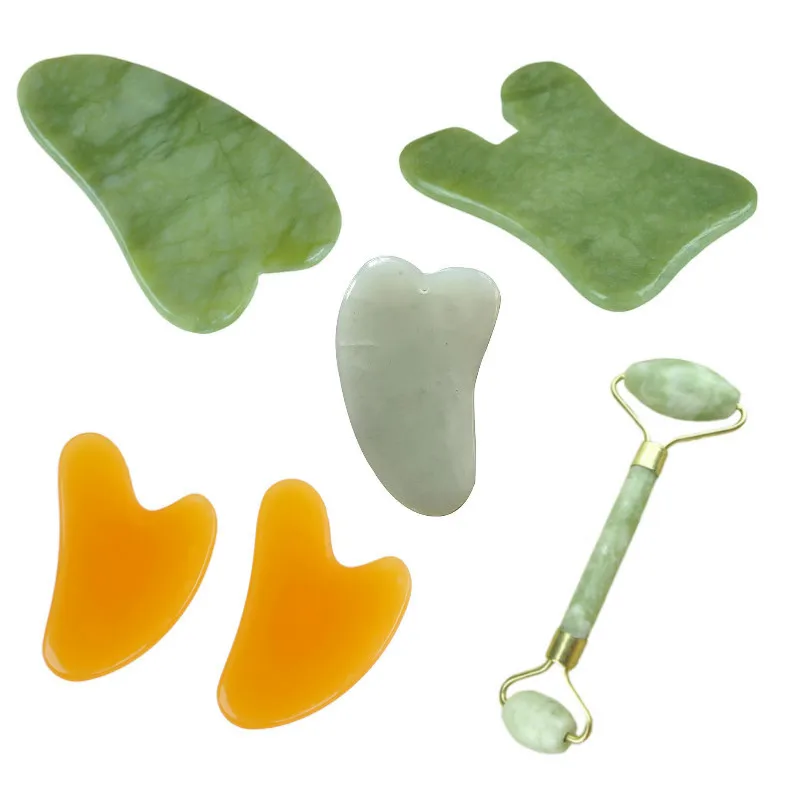 

2 In 1 Green Roller And Gua Sha Tools Set By Natural Jade Scraper Massager With Stones For Face Neck Back And Jawline Hand Tools
