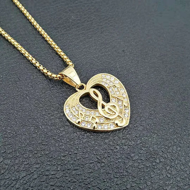 Хип хоп Стразы Bling Iced Out Золото Нержавеющая сталь музыкальные ноты Подвески в виде сердца ожерелье для женщин мужчин рэппер ювелирные изделия - Окраска металла: gold