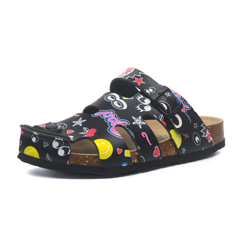 Тапки женские кожаные с принтом повседневные пляжные шлепанцы из пробки на