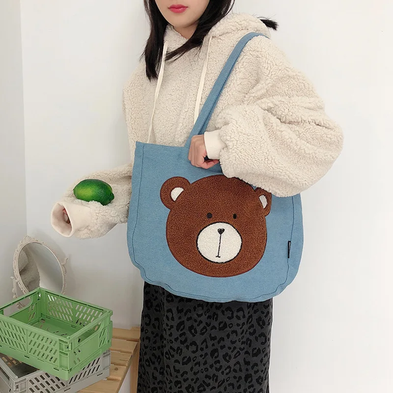 

Vintage Women Denim Shoulder Bag Large Capacity Ladies Shopping Bags Cute Embroidered Bear Girls Student Handbags Casual Tote