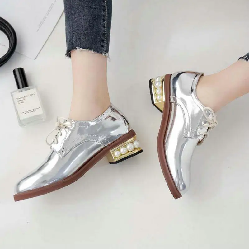 Gold Silver Women Shoes Vintage British Wind Round Head Lace-up Pearl Thick Heel Patent Leather Women's Single Shoes