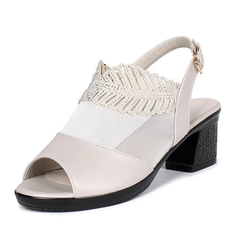 

2020 Summer Rhinestone Mesh Women Sandals Fashion Fish Mouth Sandals Elegant High Heel Sandals Comfort Genuine Leather Sandals