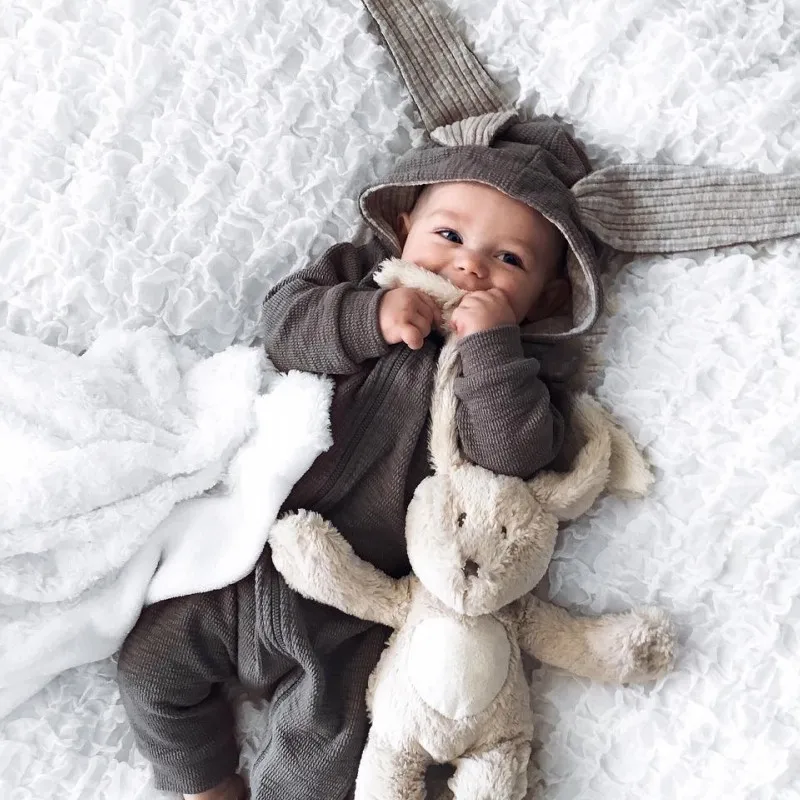 

Kids Newborn Baby Rompers Cute 3D Bunny Ear Hooded Rompers Autumn Winter Warm Toddler Girls Boys Jumpsuits