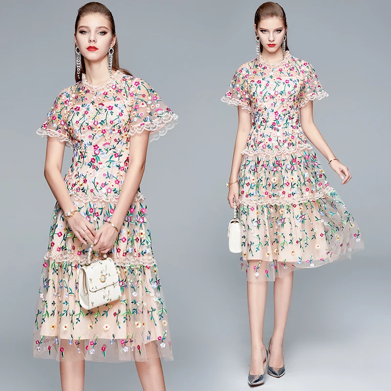 

Simgent Flower Embroidery Dress Women Ruffle Sleeve Lace Up A Line Midi Elegant Runway Mesh Dress Vestidos Robe Femme SG0861
