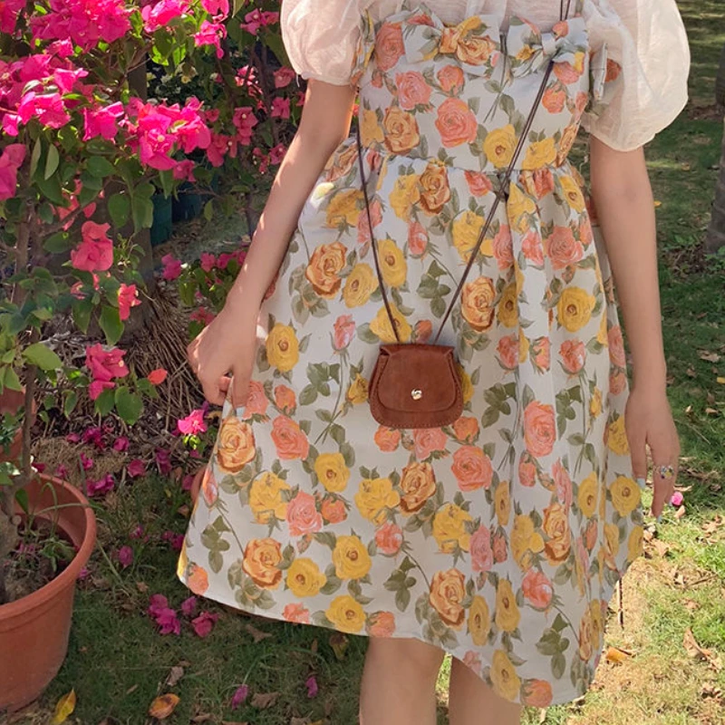 

Women Sets Retro Printed Mini Sweet Dress French Stylish Bow Drawstring Trendy Prairie Chic Vintage Streetwear Ins Vibe Summer