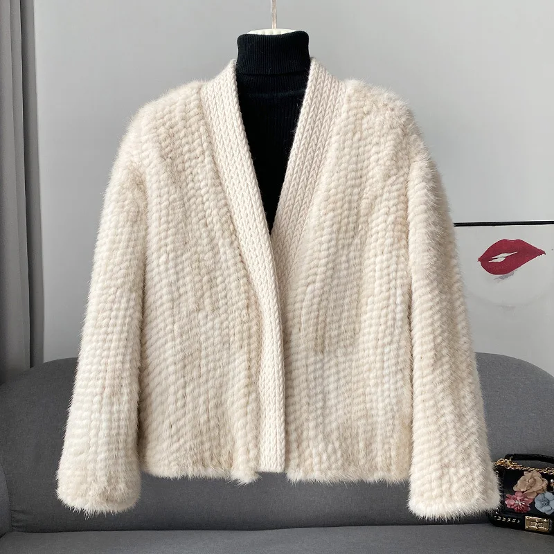 

Woman Mink Fur Coats Real Natural Rex Rabbit Clothes Women V Neck Long Sleeves Rabbit Fur Knitted Short Jacket Winterwear