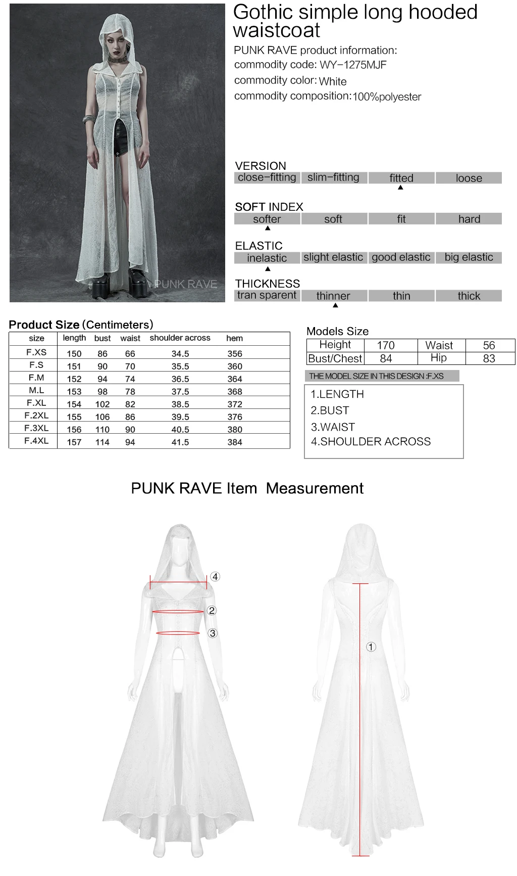 

PUNKRAVE Women's Gothic Hoodies Long Cardigan Vest Simple Elegant Style Light Chiffon Perspective Waistcoat