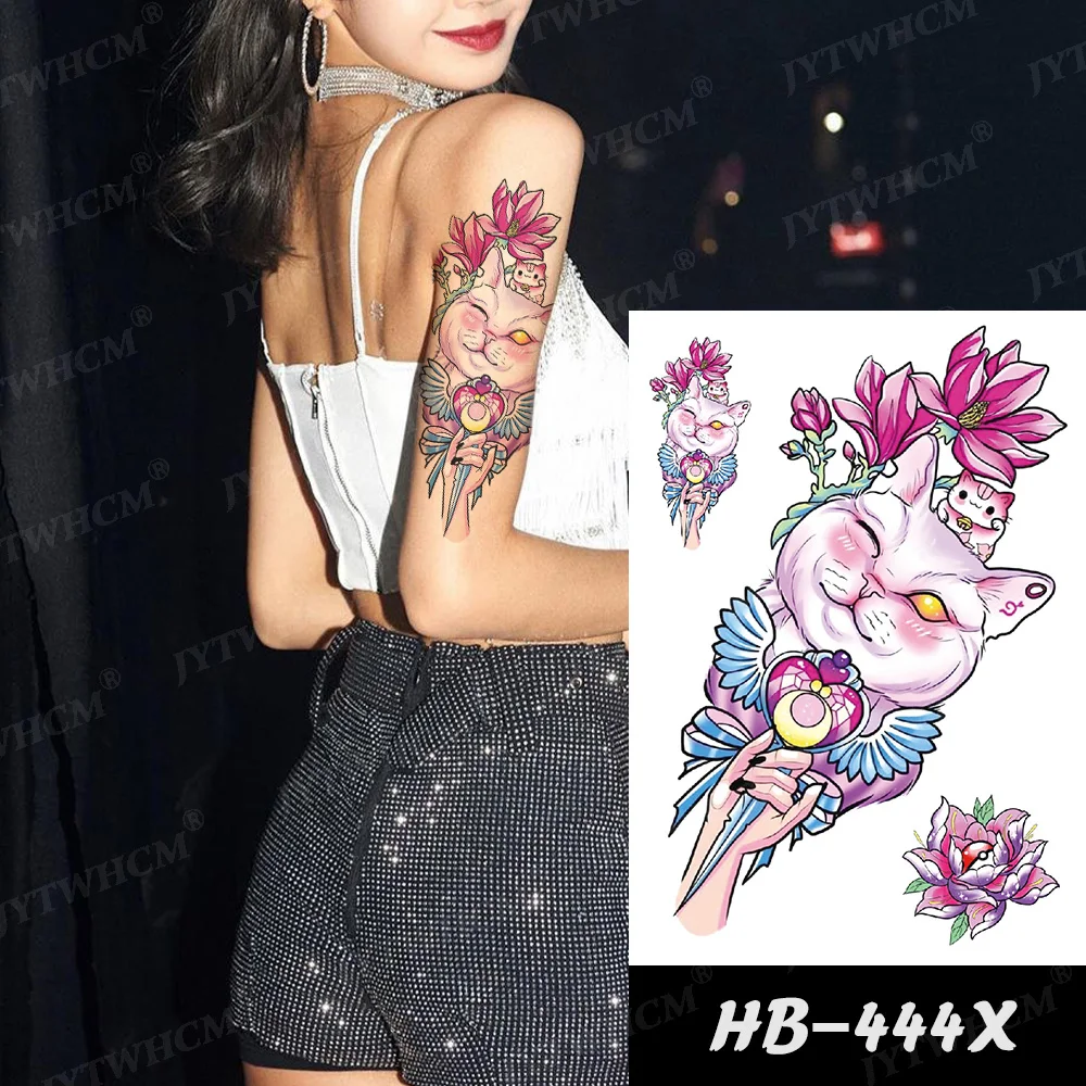 

Cute Cat Fake Tattoo Waterproof Temporary Tattoo Stickers Half Arm Sleeves Body Art Legs Sexy Flower Pink Rose Realistic Tattoos