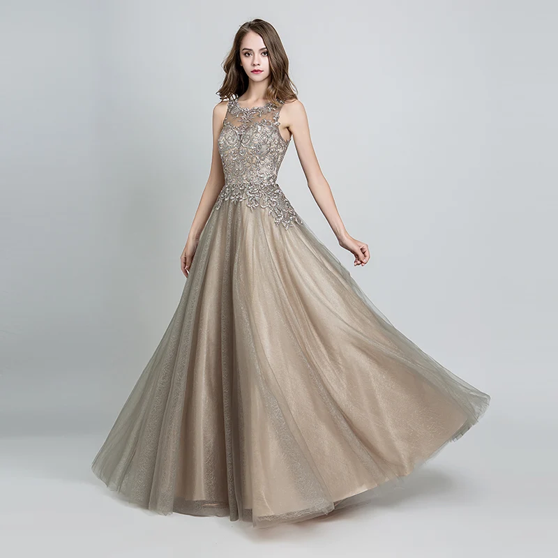 Элегантные вечерние платья Длинные мокко тюль Длина до пола Vestidos De Festa Longo o-образным вырезом ручной работы Вышивка Вечерние платья для выпускного вечера CC560