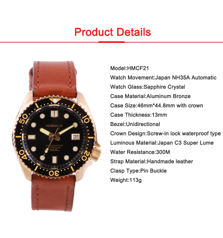 

Heimdallr Men's Bronze Diver Watch Ceramic Bezel Black Dial Sapphire 300M Water Resistance NH35 Automatic Movement Wristwatch