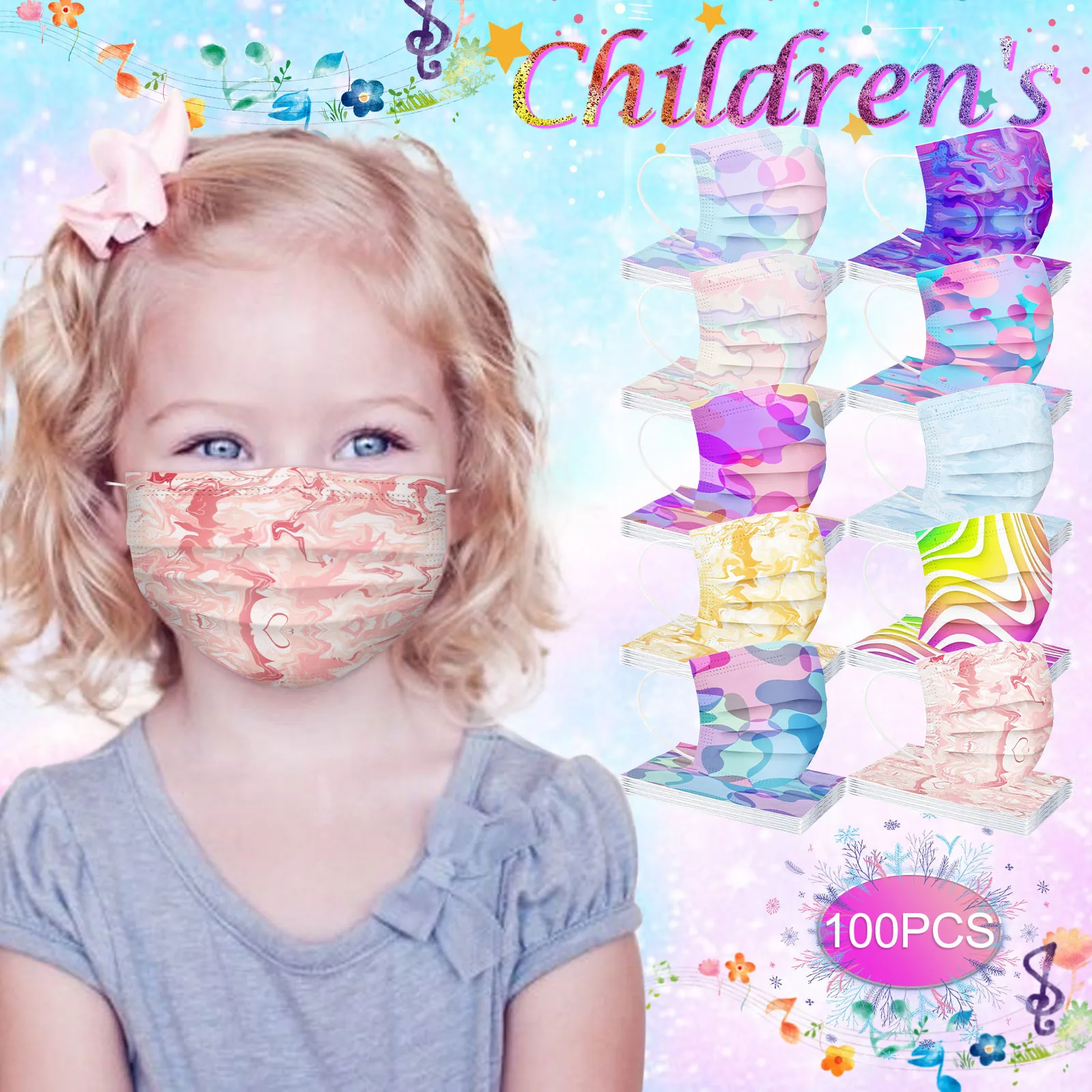

100/50pcs Masks For Kids Halloween Cosplay Masks Disposable Kawaii Colorful Printed Mask Breathable Three-layer Protective Mask