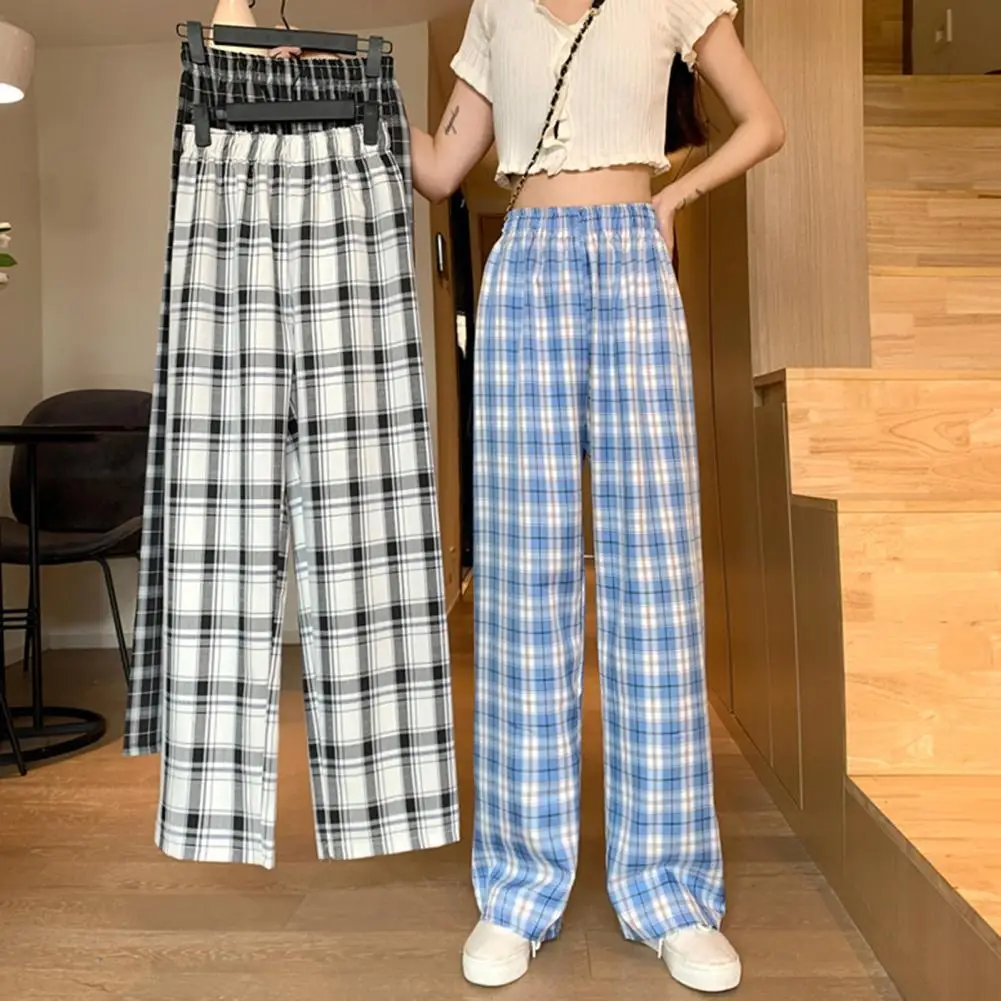 

Hight Waist Straight Plaid Trousers Streetwear Cool Girls Loose Long Elastic High Waist Patchwork Trousers Casual Pants