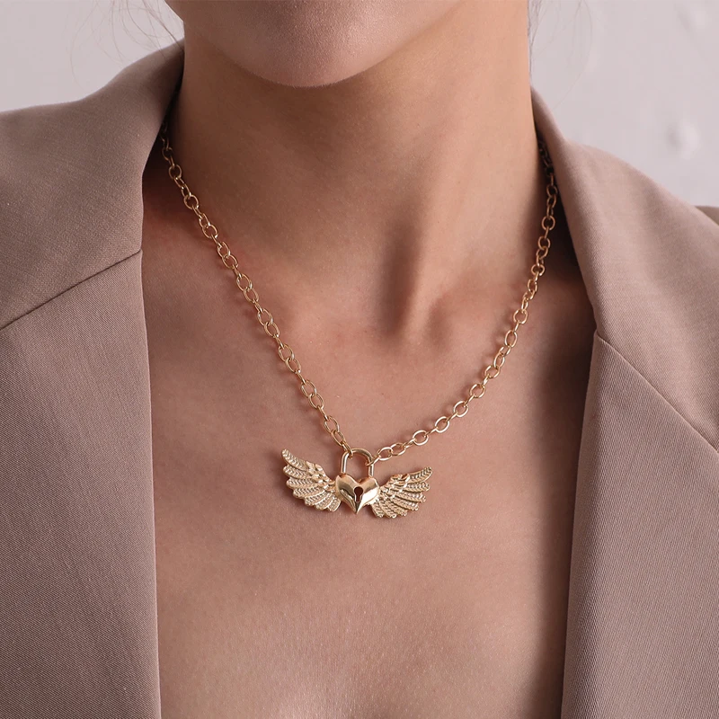 Модное ожерелье с кулоном в виде ключа замком сердца крыла Женский Готический