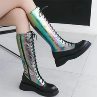 long shaft platform pumps women lace up genuine leather thigh high motorcycle boots female wedges high heel fashion sneakers