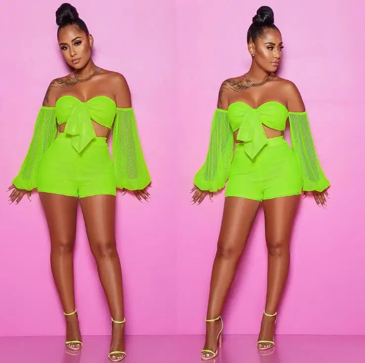 

Sun protection summer Mesh Patchwork 2 Piece Set Front Tie Up Strapless Long Sleeve Crop Tops+ Pant Summer Night Club beach