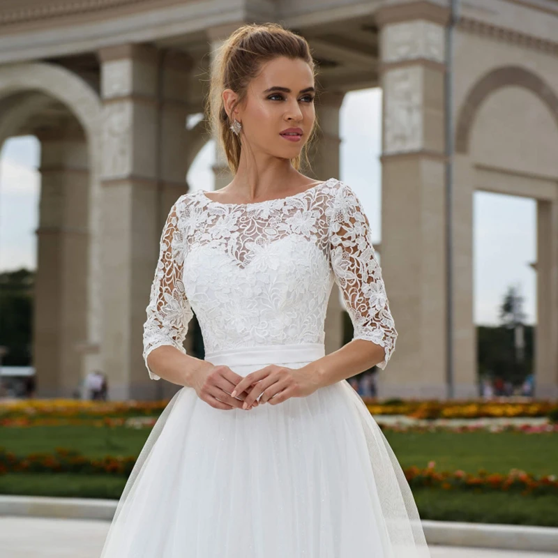 

A-Line Simple White Wedding Dresses For Women Custom Made Lace Bridal Dress 3/4 Long Sleeve Tulle Wedding Gown Vestidos De Noiva