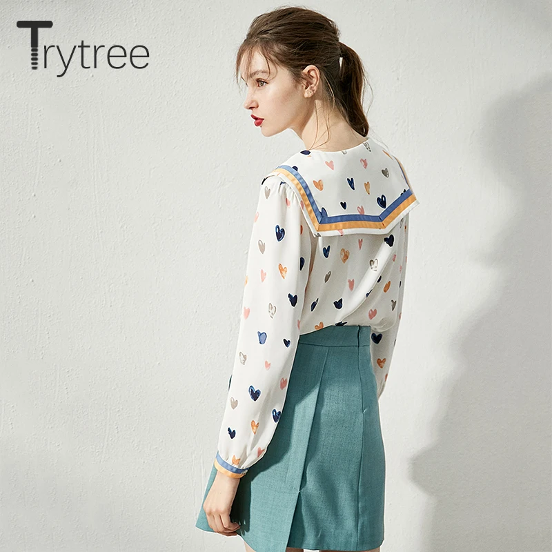Ttytree/ Осенние повседневные блузки для женщин, полиэстер, воротник Питер Пэн, с принтом, милые однобортные плиссированные офисные женские топы, блузка