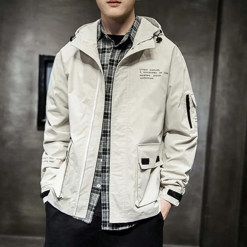 

Men's Fashion Letters Printed Trendy Hooded Jacket Men's Casual Simple Long Sleeve Outerwear Windbreaker