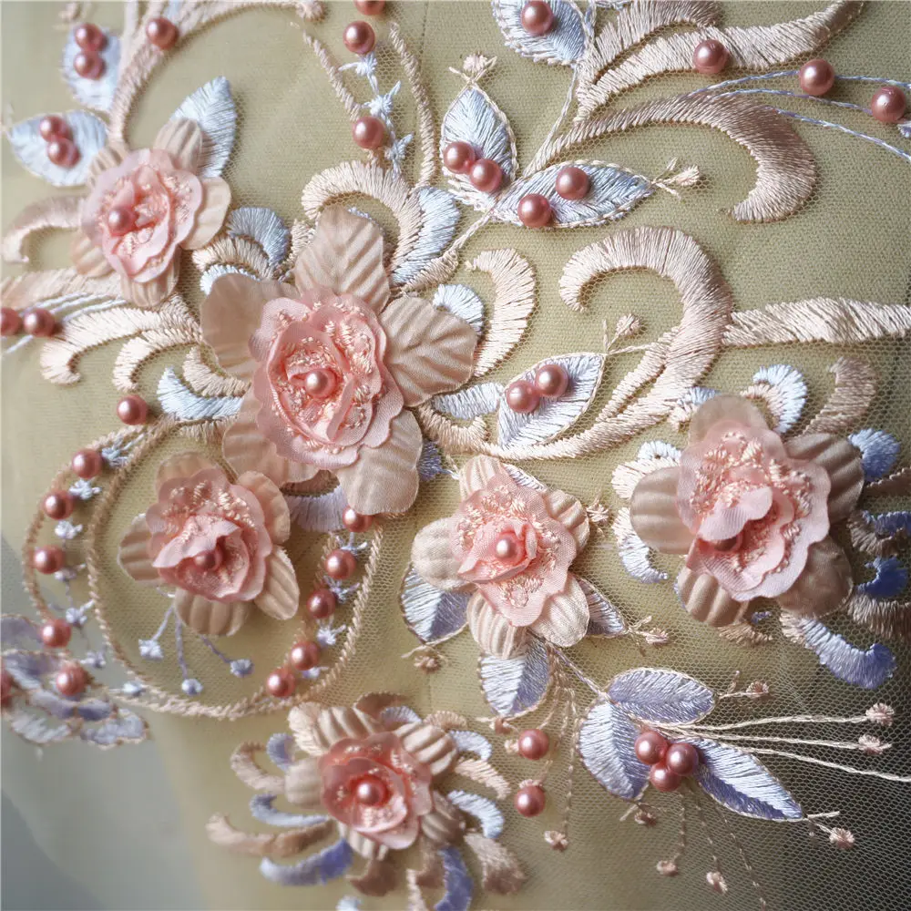 Детские розовые Бусы 3D цветок кружевная ткань вышитое платье Аппликации отделка