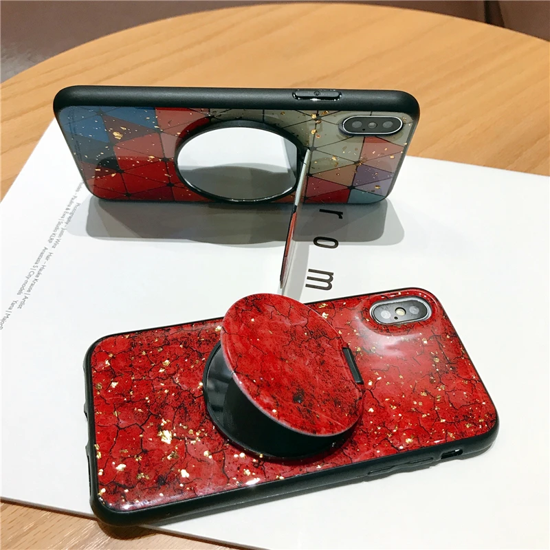 Mirror Bracket Phone Cases Glossy Drop Glue Marble Cover for Samsung Galaxy S20 S9 S8 S10 Plus Note 10 8 9 Case |
