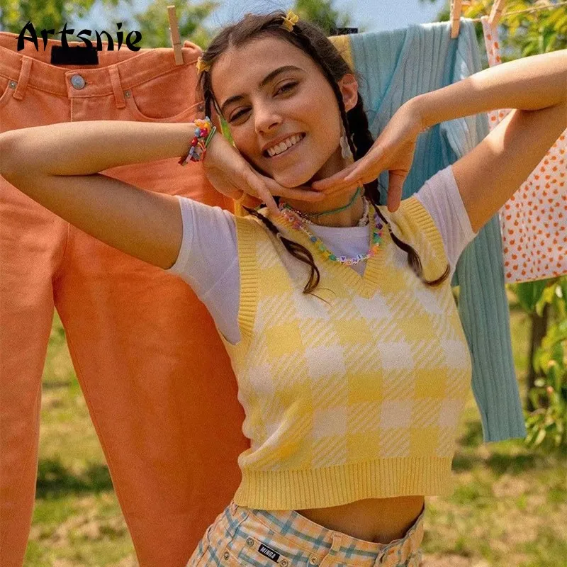 

Artsnie уличная одежда клетчатый свитер жилет женский Осень v-образный вырез без рукавов Pull Femme уличная желтый тонкий укороченный свитер жилет