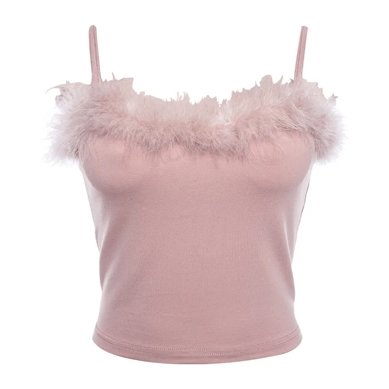 

2021 Spring and Summer New European and American Ins Internet Celebrity Same Style Turkey Feather Sling Top All-Matching Slim