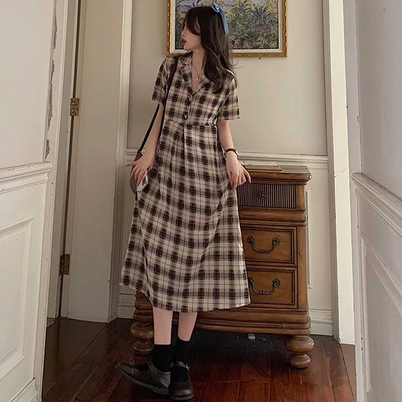 

Vintage French Lattice Ladies Summer Dresses Elegant One-Piece Fashion Korean Women Dress 2021 Lady Office Party Holiday Dress