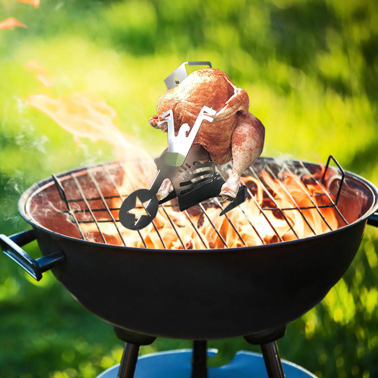 

Portable Chicken Stand Beer American Motorcycle BBQ Stainless Steel Rack With Glasses Indoor Outdoor Use