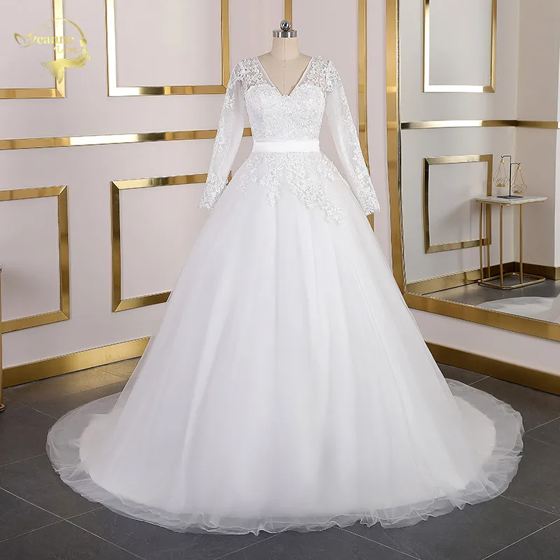 

Real Photos Long Sleeves Lace Wedding Dresses V Neck Court Train Wedding Gowns Bridal Gowns Lace Up Plus Size Vestido De Noiva