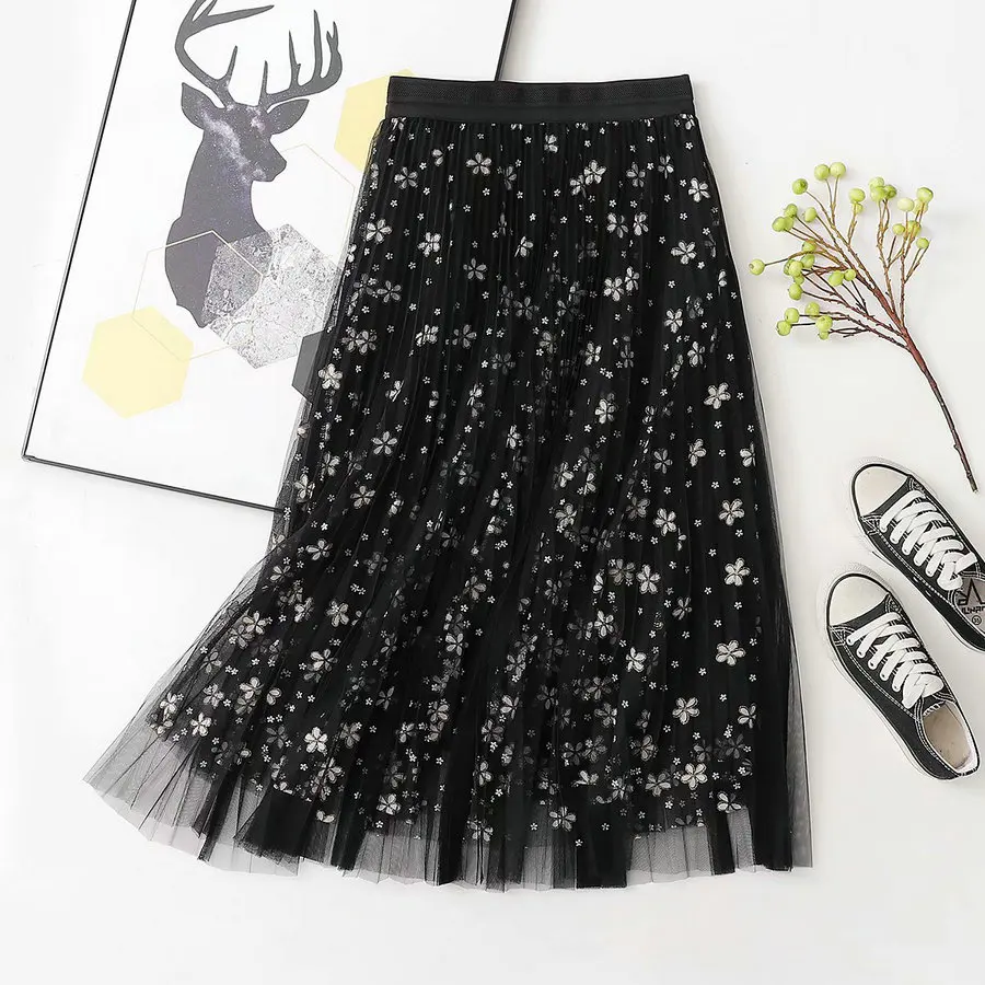 

Women Summer Spring Gauzy Skirt Black Blue Apricot Floral Print Elastic Waist Calf Length Layered Skirt Girls Korean Clothes