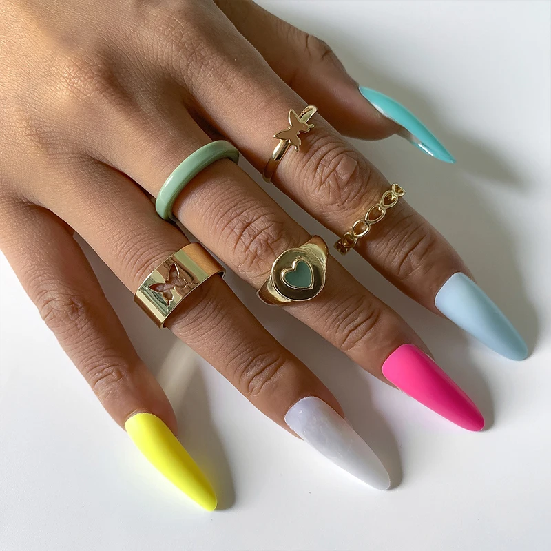 

Vintage Drip Oil Love Green Acrylic Ring Set 5-Piece Set, Personalized Hollow Design Simple Butterfly , Jewelry Accessories Gift