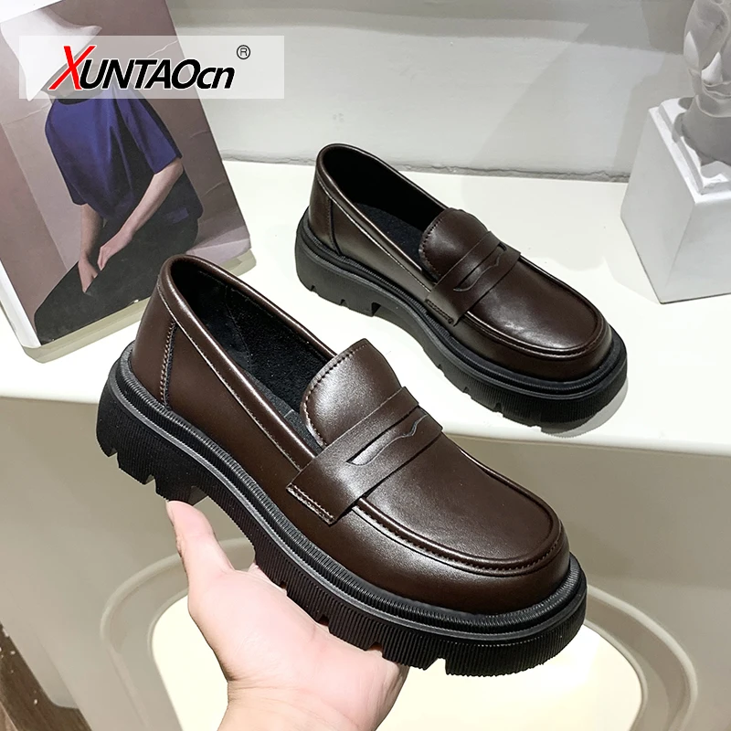 

2022 Ins Women Flats Shoes Real Leather Loafers Fashion Platform Casual Shoes Woman Office Lady Footwear Size 35-40