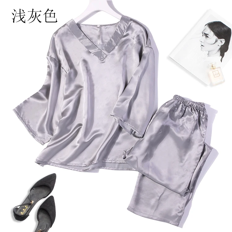 100% Pure Silk Women's V Neck Pajama Set Sleepwear Nightwear L XL JN525