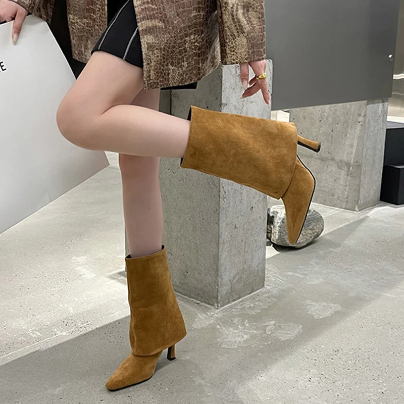 

Slip-On Women Single Boots Female Shoes For Women 2021 Autumn Winter New Concise High Heels Mid-Calf Lady Boot Flock Shoe