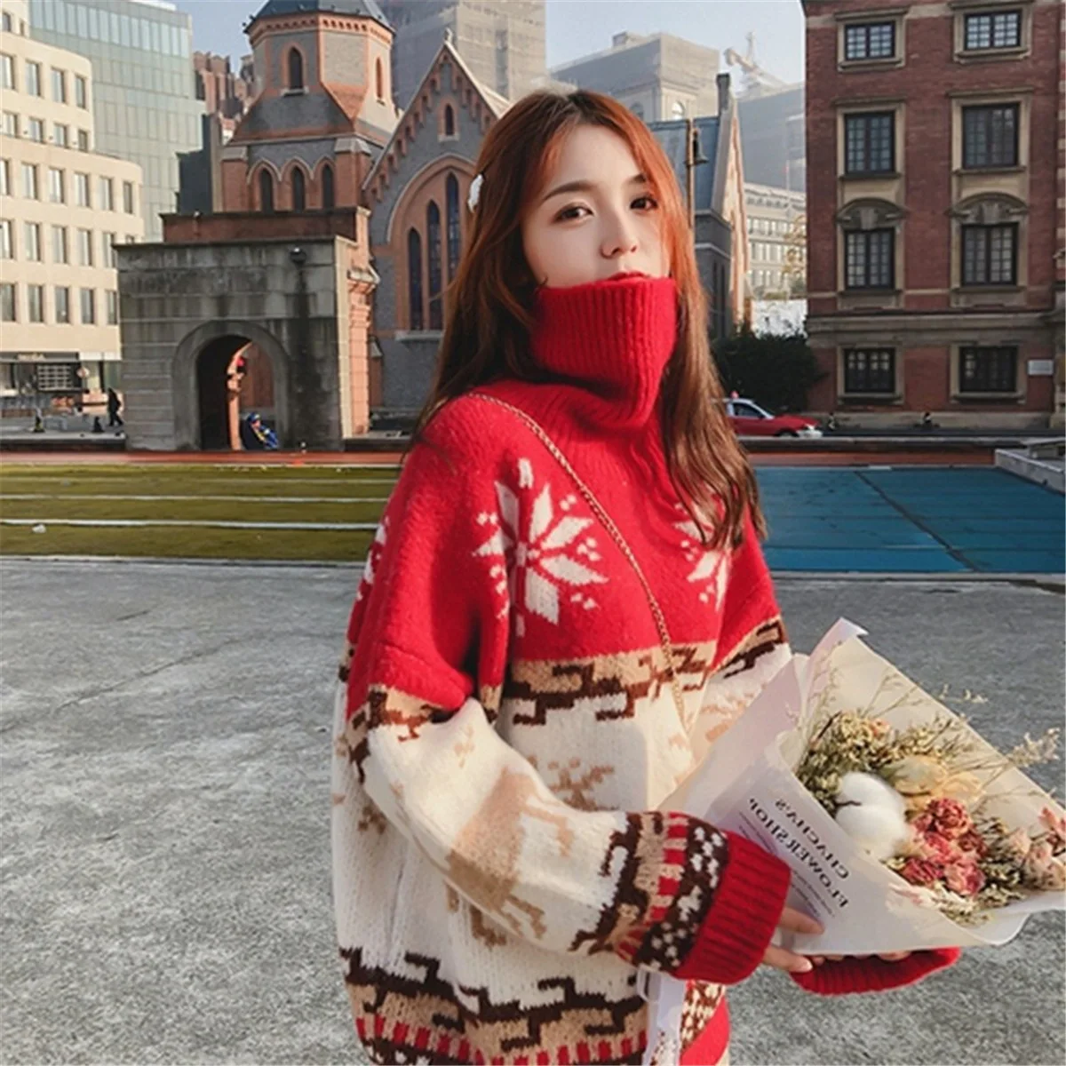 

2021 Christmas Sweater Loose Warm Women's Pullover Turtleneck Knitwear