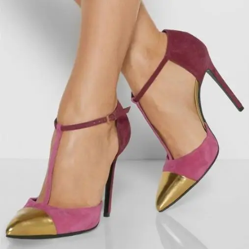 

Hot Selling Gold Pointed Toe T Strap Heels Pump Shoes Women Ankle Strap Patchwork High Heel Dress Shoes Cut-out Fashion Pumps