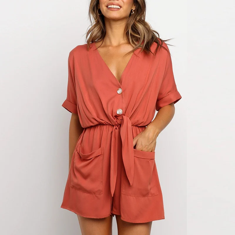 Женский комбинезон на пуговицах однотонный повседневный с V образным вырезом