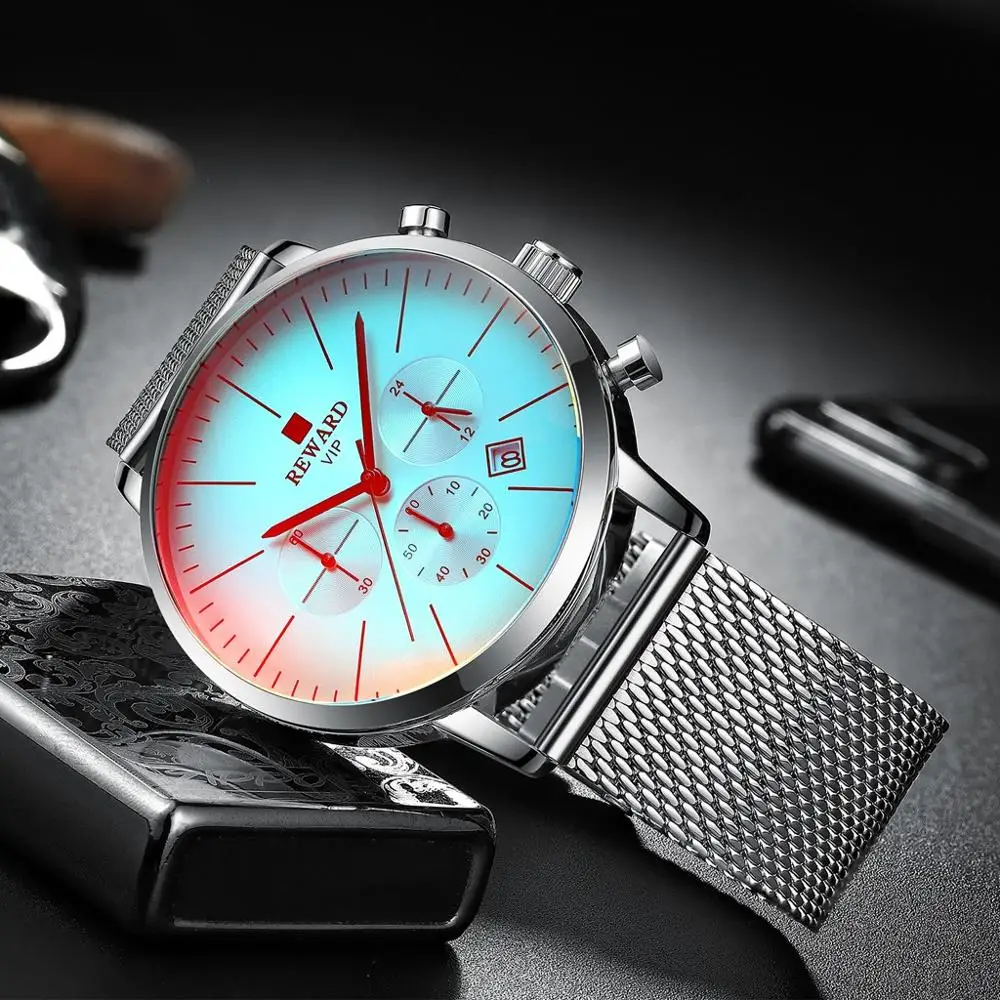 

REWARD Watch Men Sleek Minimalist Calendar Stainless Steel Mesh Belt Mens Quartz Watches New relogio masculino 30X