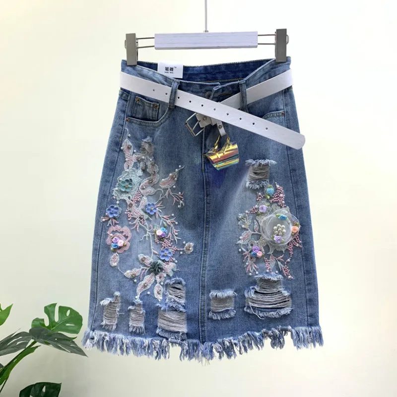 Женская джинсовая юбка с вышивкой трехмерная ковбойская из денима в виде бусин и