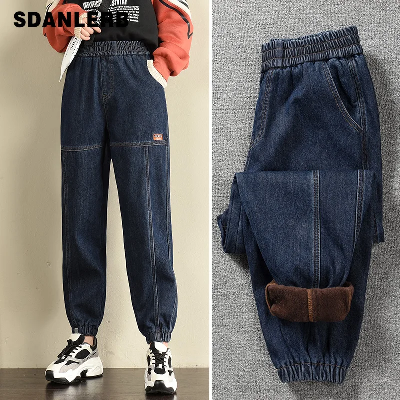 

Fleece Padded Jeans Women's High Waist Winter 2021 New Loose Denim Trousers Slimming and Straight Thickened Radish Daddy Pants