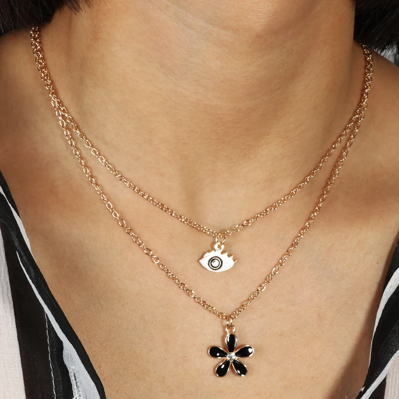 Горячая Распродажа черный двойной слой цветные цветы сглаз ожерелья и подвески