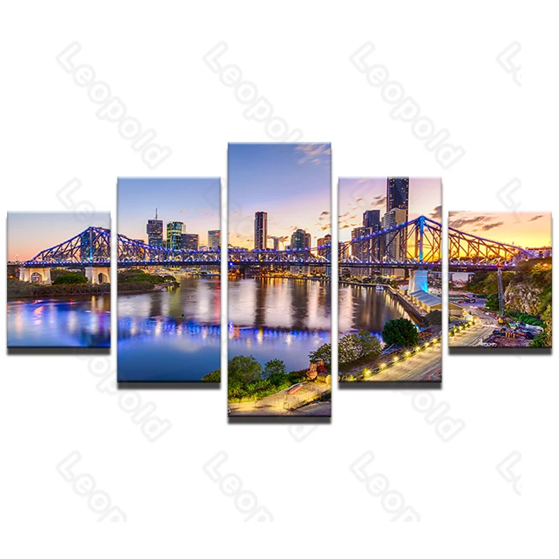 

Modern Landscape Style Murals Canvas Painting Bed Home Decoration Prints 5 Pieces Purple Lights Bridge Living Room Wall Mural