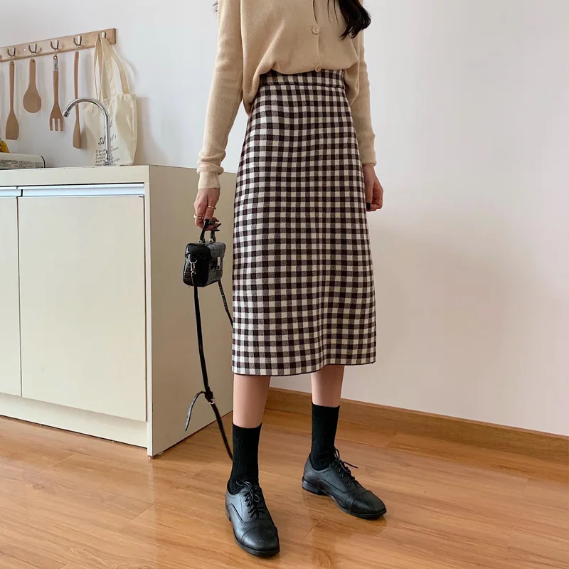 Элегантная клетчатая трикотажная Женская юбка-свитер 2020 осень-зима Эластичная