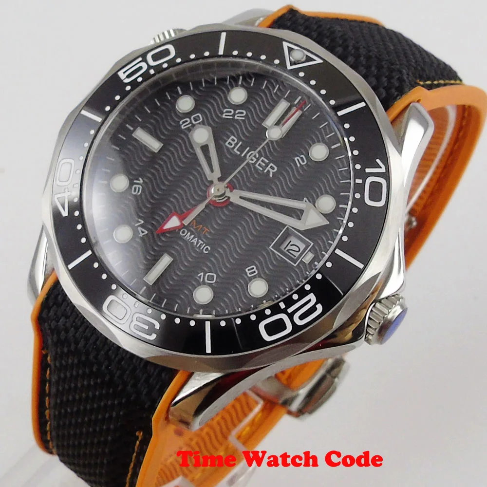 Bliger 41 мм GMT автоматические мужские наручные часы черное окно с датой набора