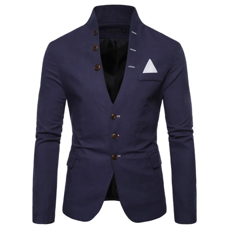 2020 Spring Men's Stand Collar Button Decoration Slim Fit Blazer / Male High Quality Casual Solid Color Suit Jacket Coat | Мужская